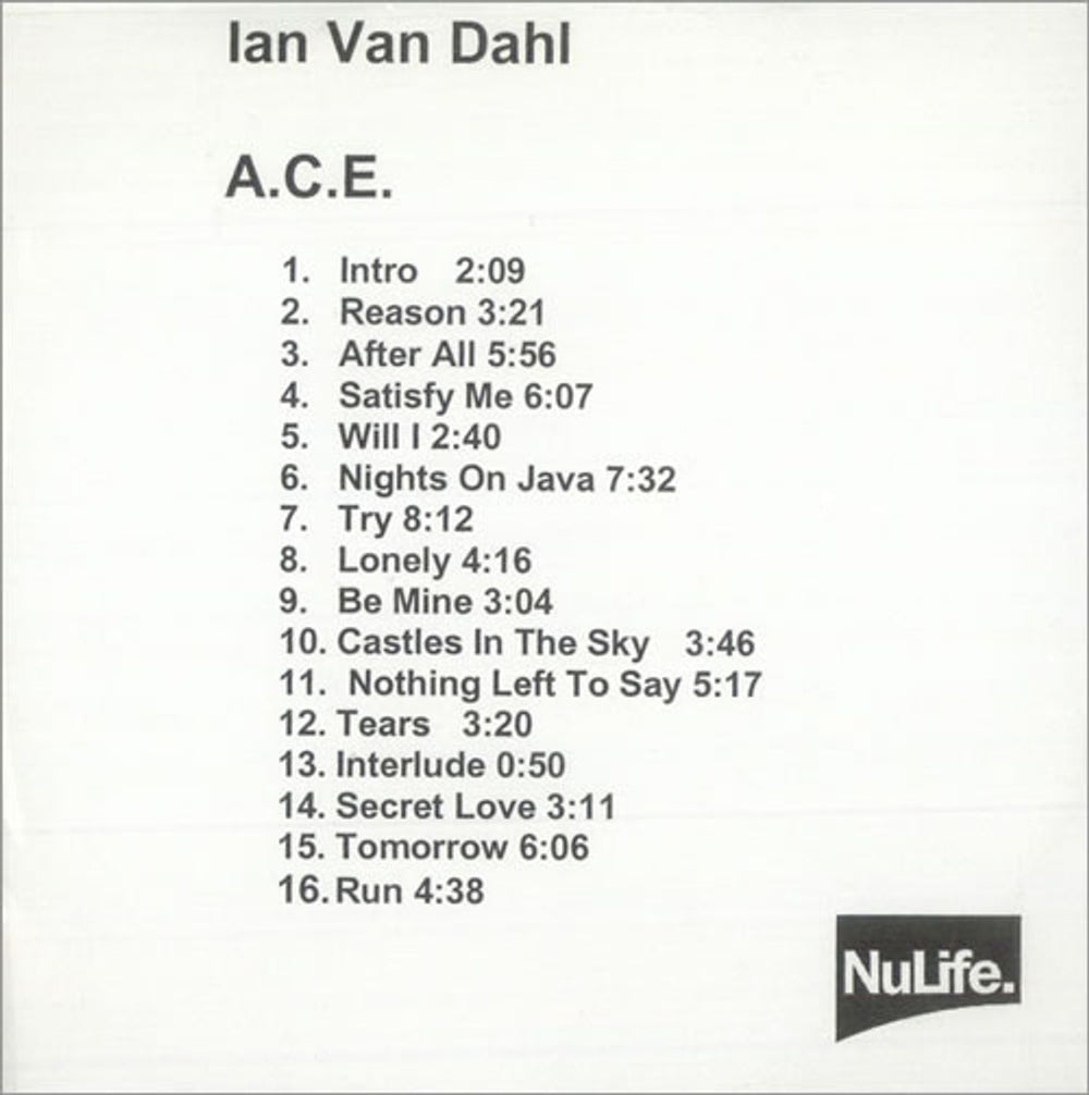 Ian Van Dahl A.C.E. UK Promo CD-R acetate CDR-ACETATE