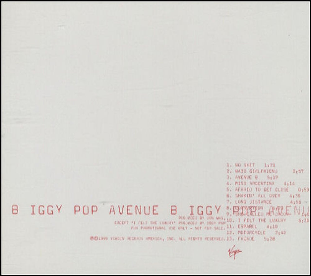 Iggy Pop Avenue B US Promo CD album (CDLP) DPRO-14358