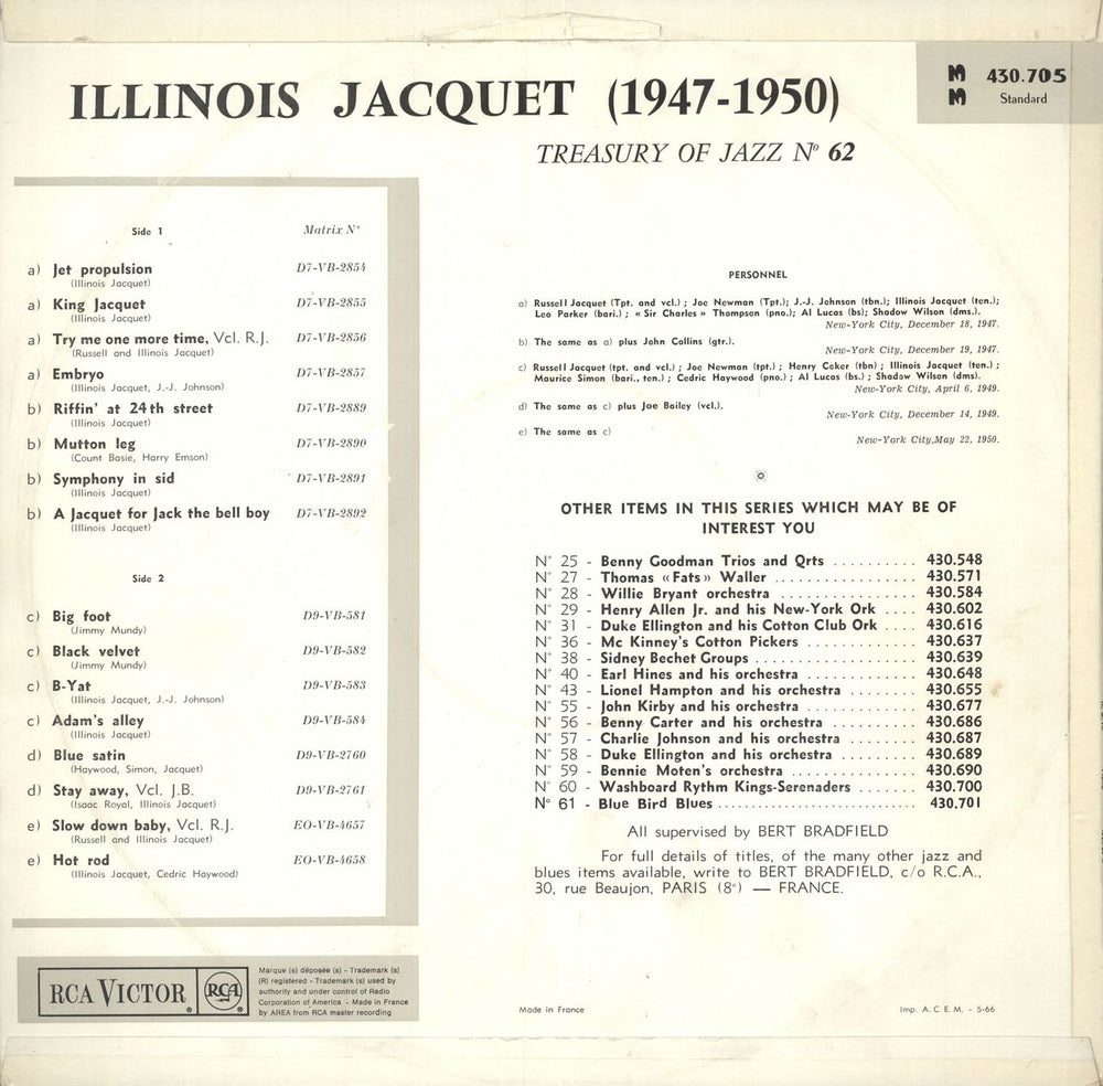 Illinois Jacquet Treasury Of Jazz N°62 French vinyl LP album (LP record)