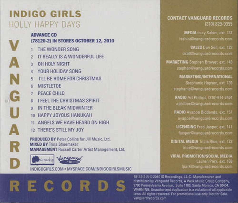 Indigo Girls Holly Happy Days US Promo CD album (CDLP) 78115-2