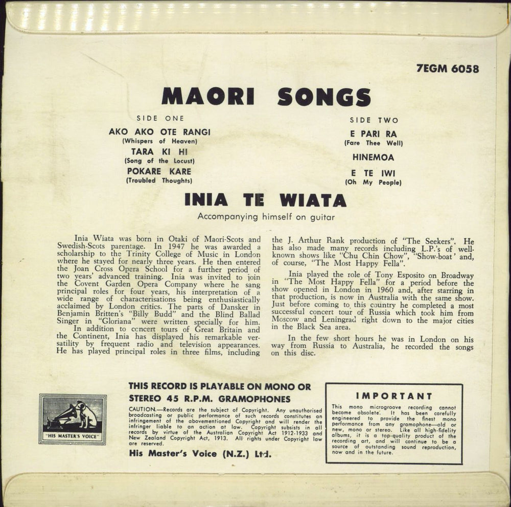 Inia Te Wiata Maori Songs New Zealand 7" vinyl single (7 inch record / 45)