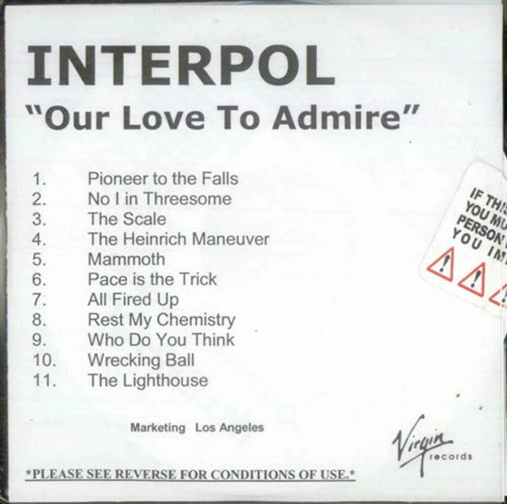 Interpol Our Love To Admire US Promo CD-R acetate CD-R ACETATE