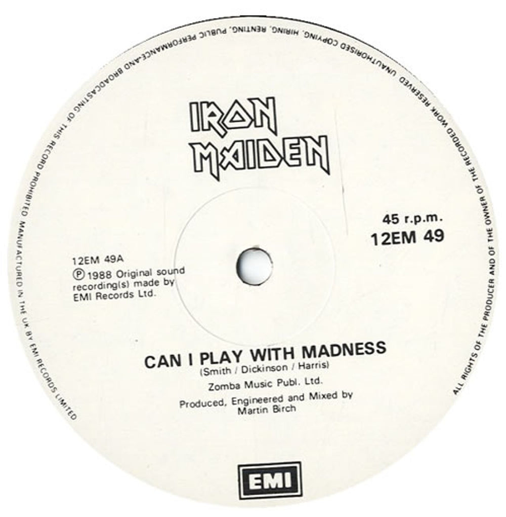 Iron Maiden Can I Play With Madness - White Label With Black Text UK 12" vinyl single (12 inch record / Maxi-single) IRO12CA563839