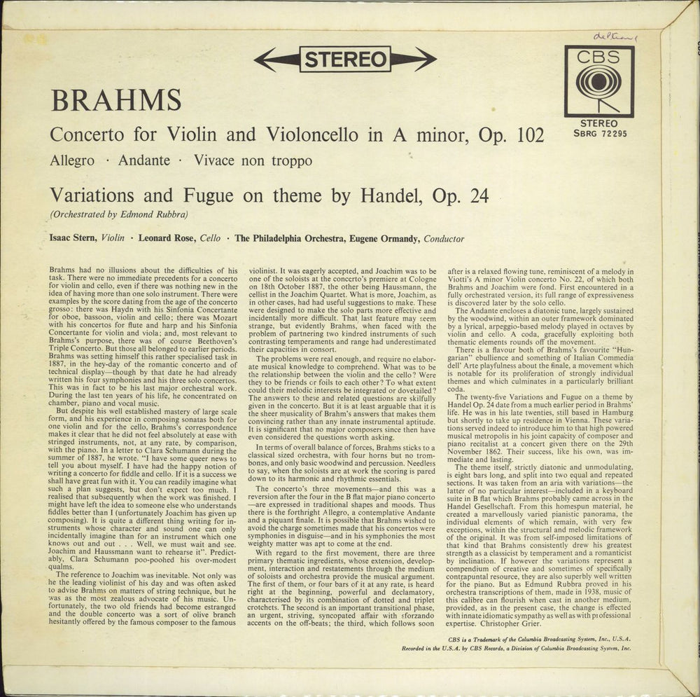 Isaac Stern Brahms: Double Concerto / Handel Variations UK vinyl LP album (LP record)