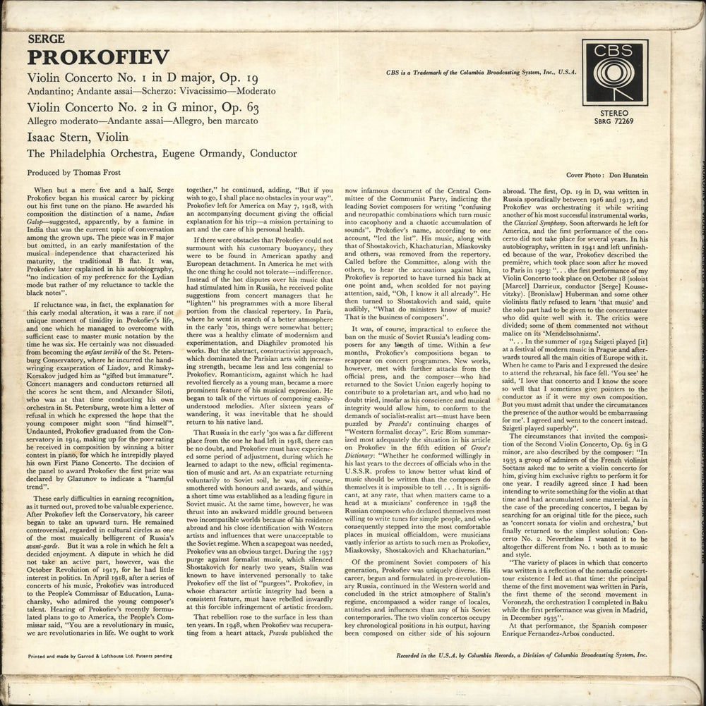 Isaac Stern Prokofiev: Violin Concertos UK vinyl LP album (LP record)