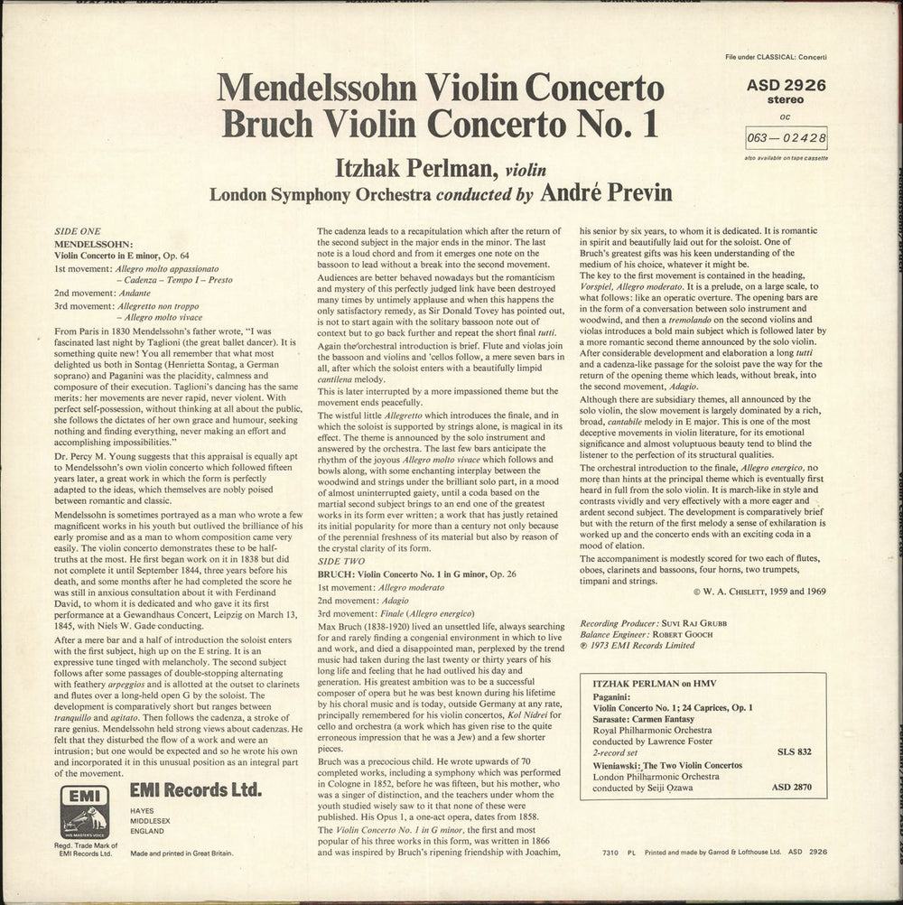 Itzhak Perlman Mendelssohn Violin Concerto / Bruch Violin Concerto No. 1 UK vinyl LP album (LP record)