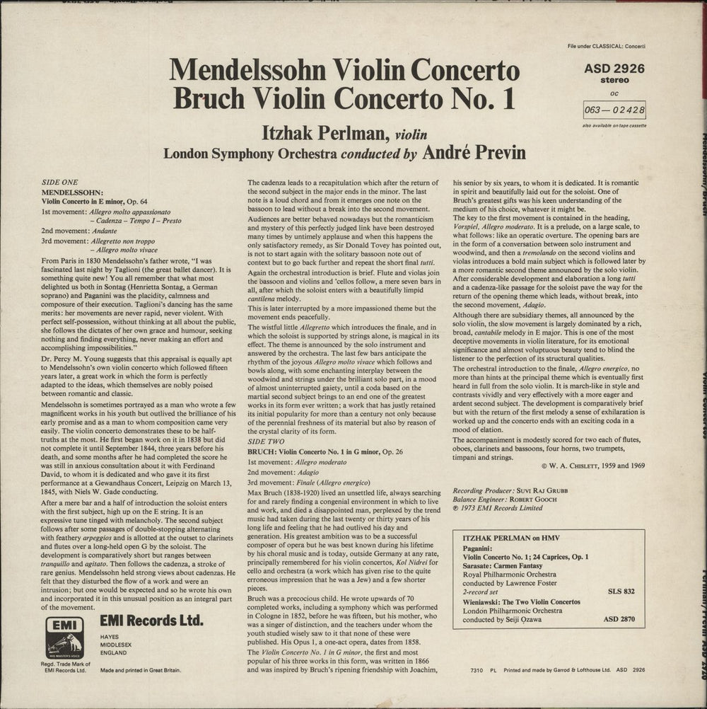 Itzhak Perlman Mendelssohn Violin Concerto / Bruch Violin Concerto No. 1 UK vinyl LP album (LP record)