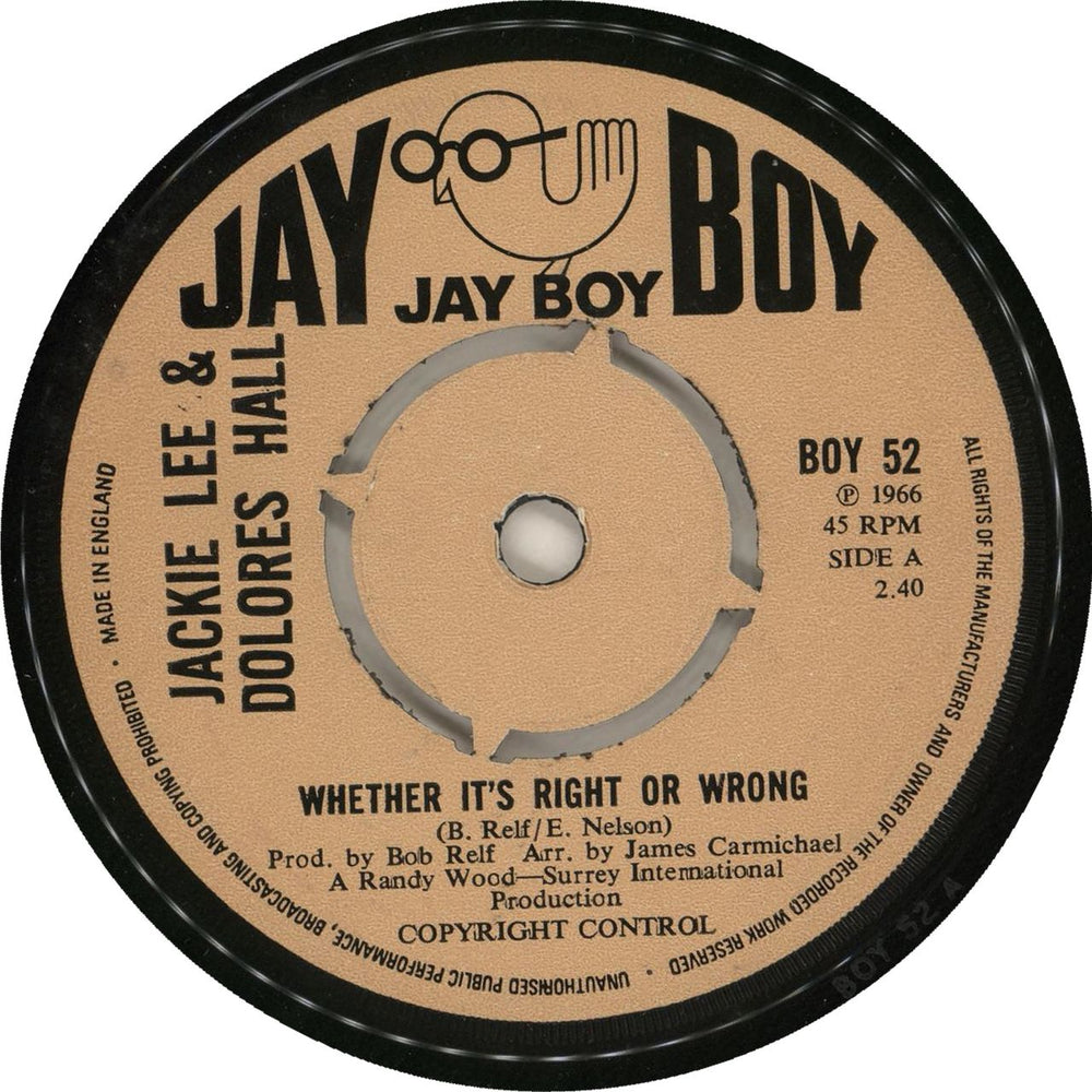 Jackie Lee (US M) Whether It's Right Or Wrong UK 7" vinyl single (7 inch record / 45) BOY52