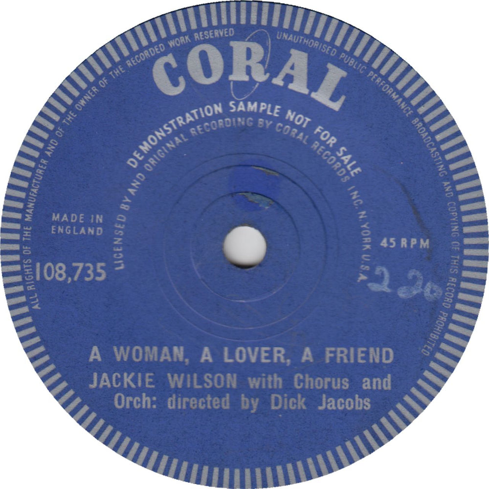 Jackie Wilson A Woman, A Lover, A Friend - Demo UK Promo 7" vinyl single (7 inch record / 45) JAC07AW648465