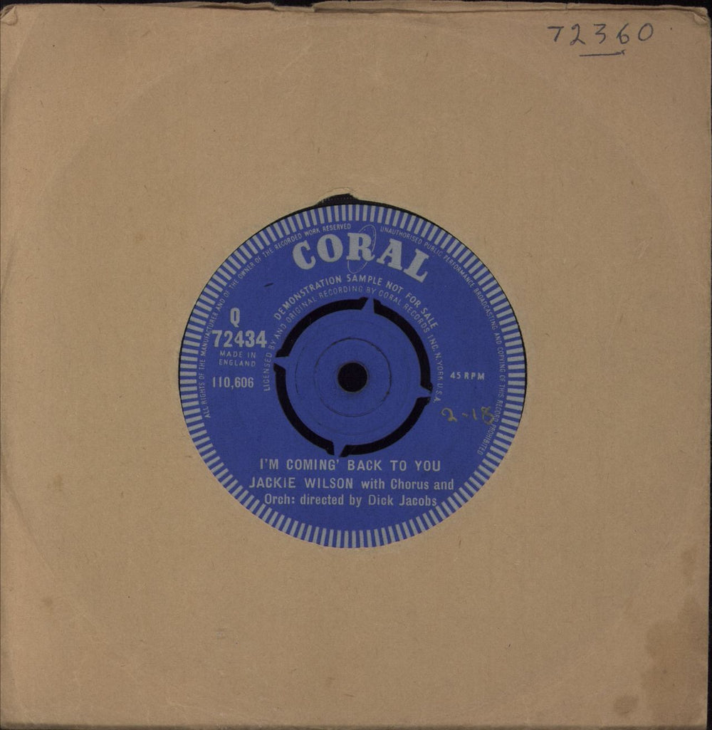 Jackie Wilson I'm Coming Back To You - A Label Demo UK 7" vinyl single (7 inch record / 45) Q72434