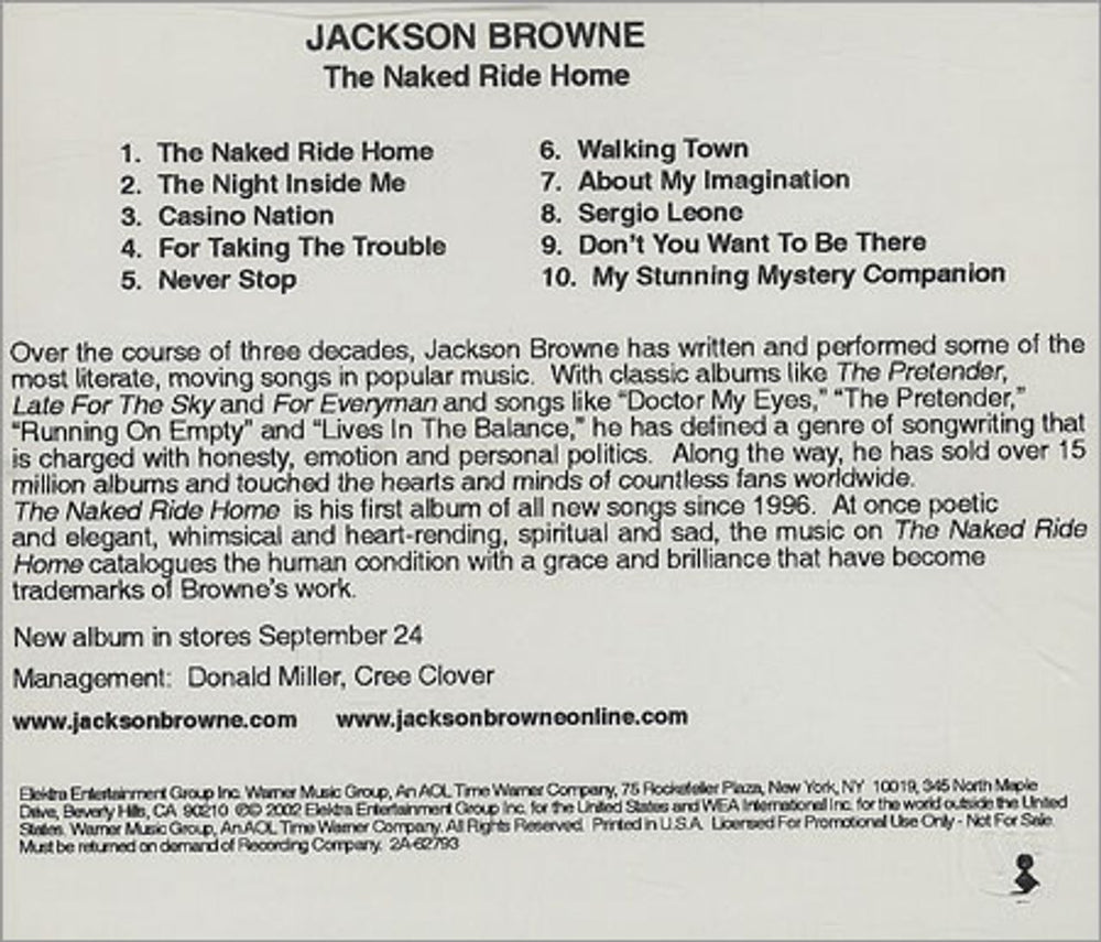 Jackson Browne The Naked Ride Home US Promo CD album (CDLP) JKBCDTH226502