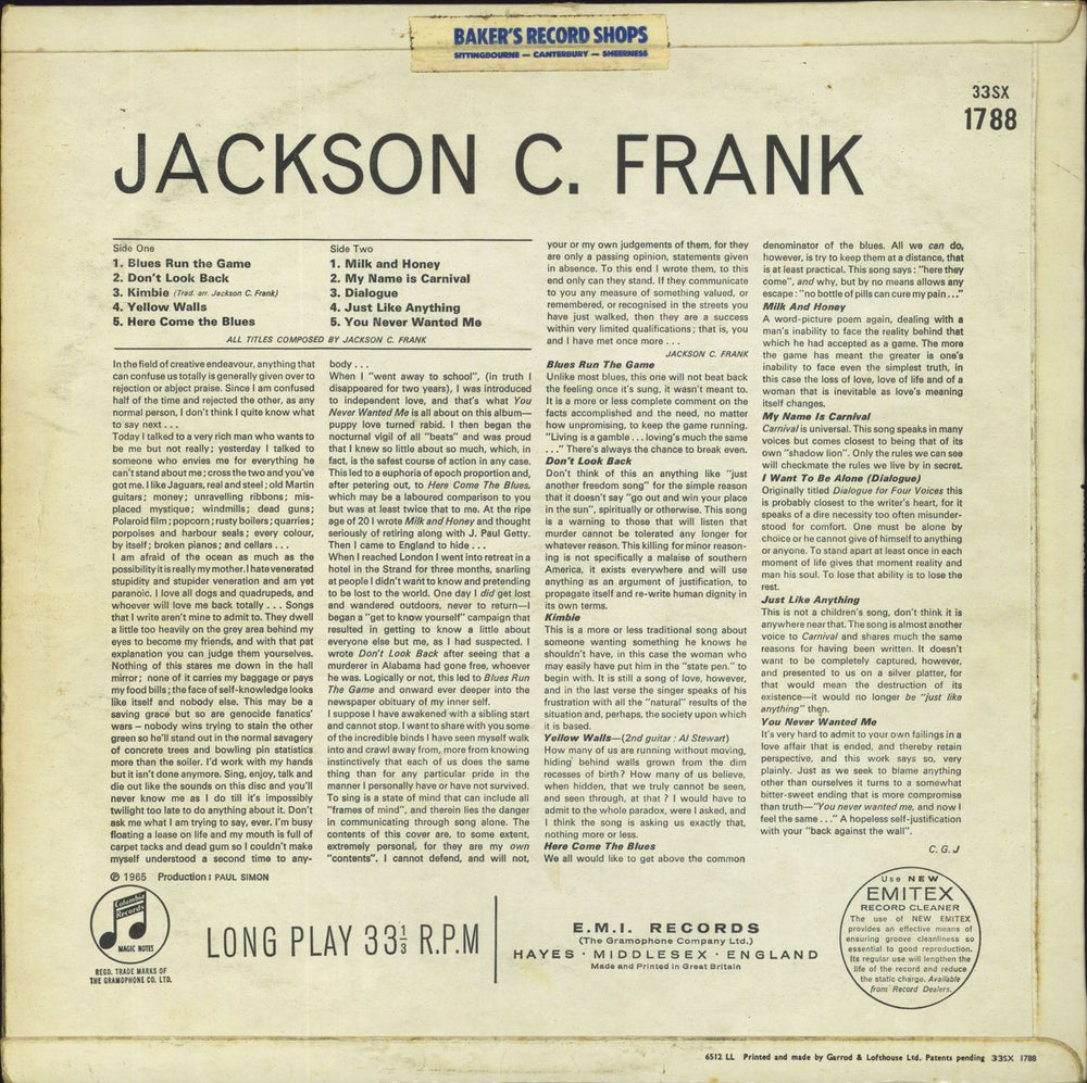 Jackson C. Frank Jackson C. Frank - 2nd Mono UK vinyl LP album (LP record)