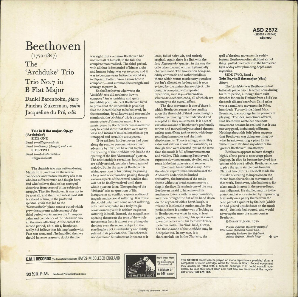 Jacqueline Du Pré & Daniel Barenboim Beethoven: The "Archduke" Trio UK vinyl LP album (LP record)