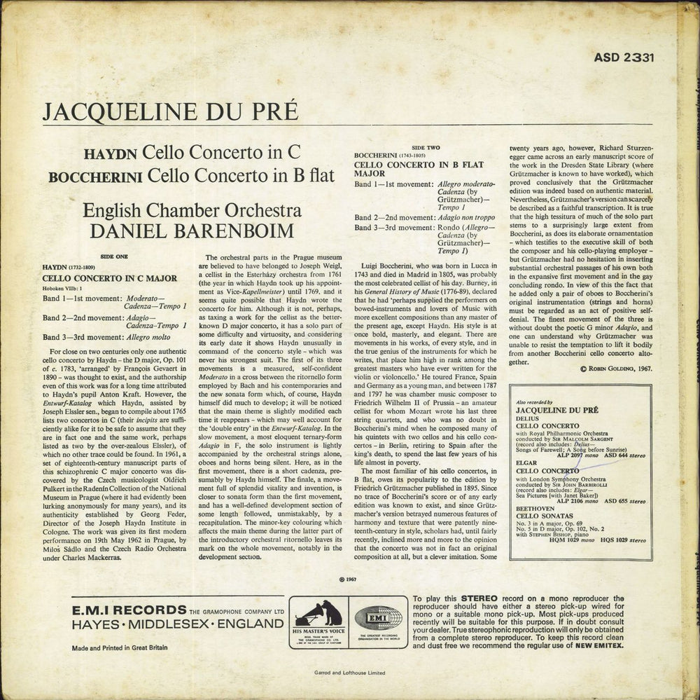 Jacqueline Du Pré & Daniel Barenboim Haydn: Cello Concerto In C / Boccherini: Cello Concerto In B Flat UK vinyl LP album (LP record)