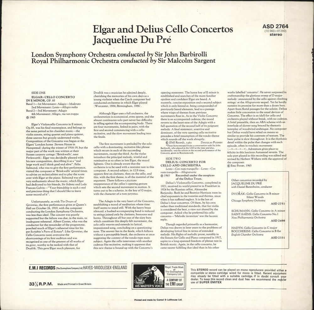 Jacqueline Du Pré Elgar & Delius Cello Concertos - black & white stamp label UK vinyl LP album (LP record)