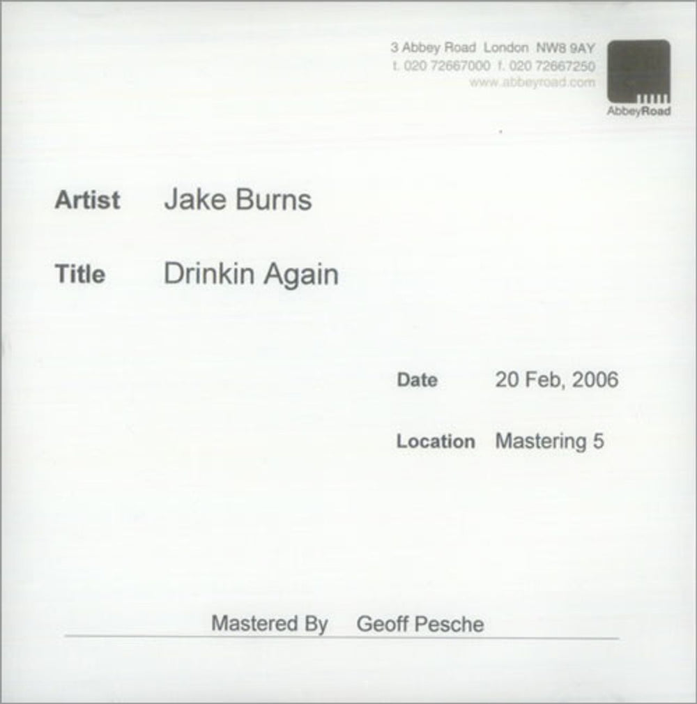 Jake Burns Drinkin Again UK Promo CD-R acetate CD-R