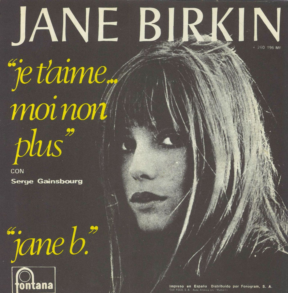 Jane Birkin & Serge Gainsbourg Je T'Aime... Moi Non Plus Spanish 7" vinyl single (7 inch record / 45)