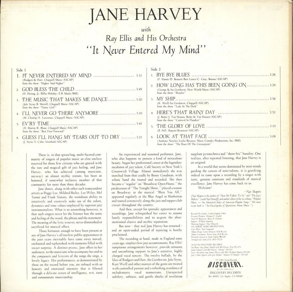 Jane Harvey It Never Entered My Mind US vinyl LP album (LP record)