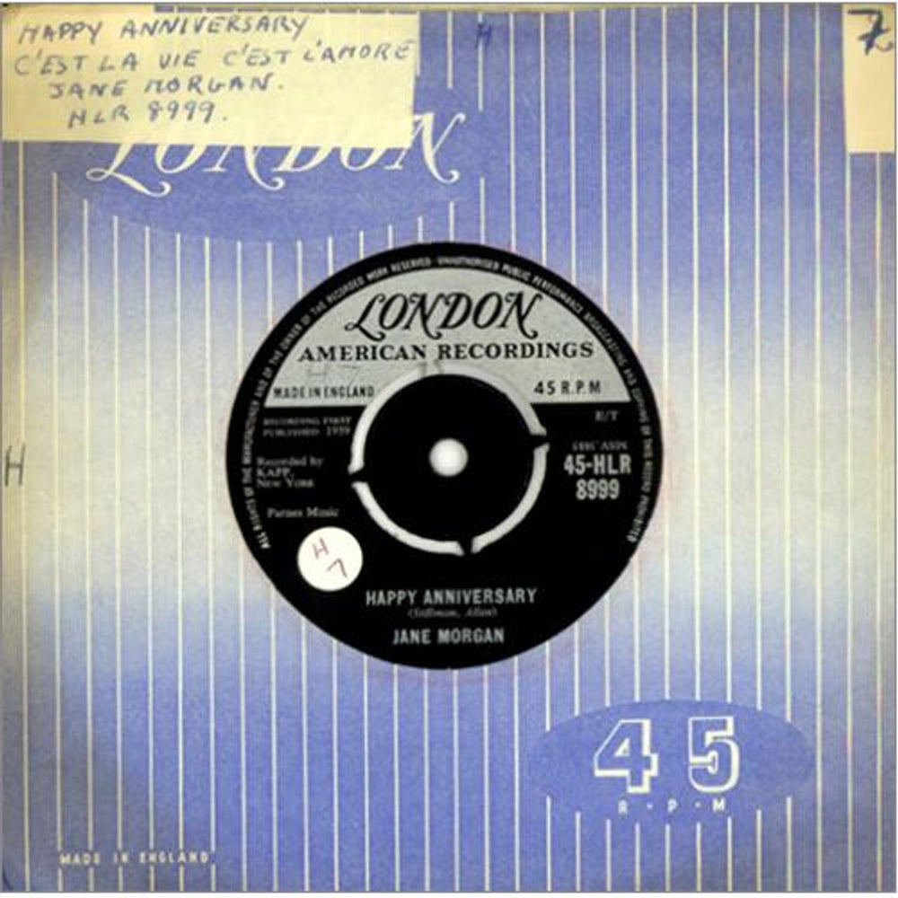 Jane Morgan Happy Anniversary UK 7" vinyl single (7 inch record / 45) 45-HLR-8999