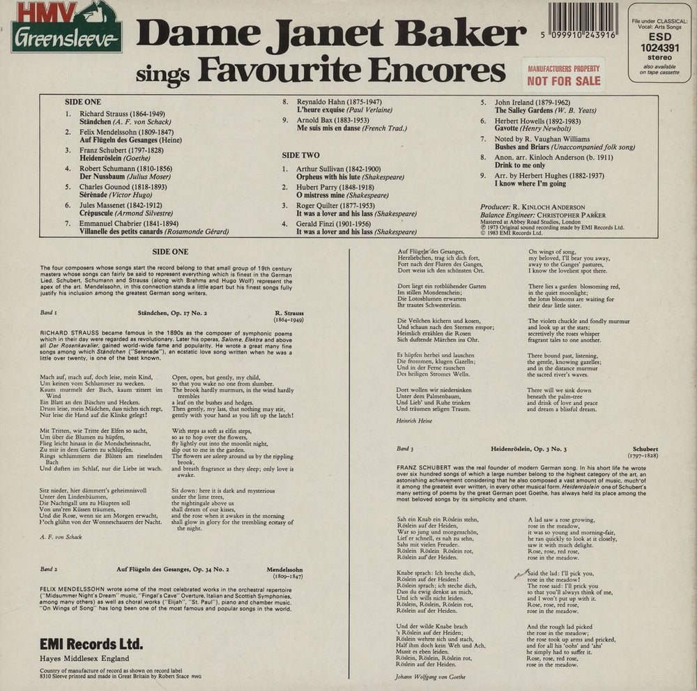 Janet Baker Dame Janet Baker sings Favourite Encores - Sample UK vinyl LP album (LP record) 5099910243916