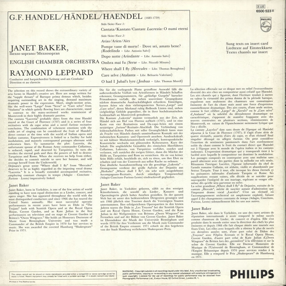 Janet Baker Händel: Cantata Lucrzia / Largo: Ombra Mai Fu /Etc. Dutch vinyl LP album (LP record)