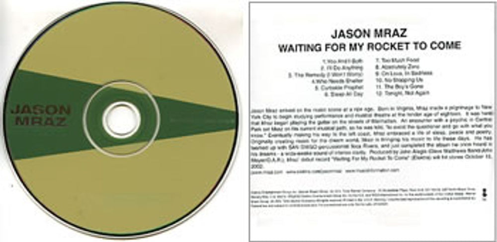 Jason Mraz Waiting For My Rocket To Come US Promo CD album (CDLP) 2A-62829