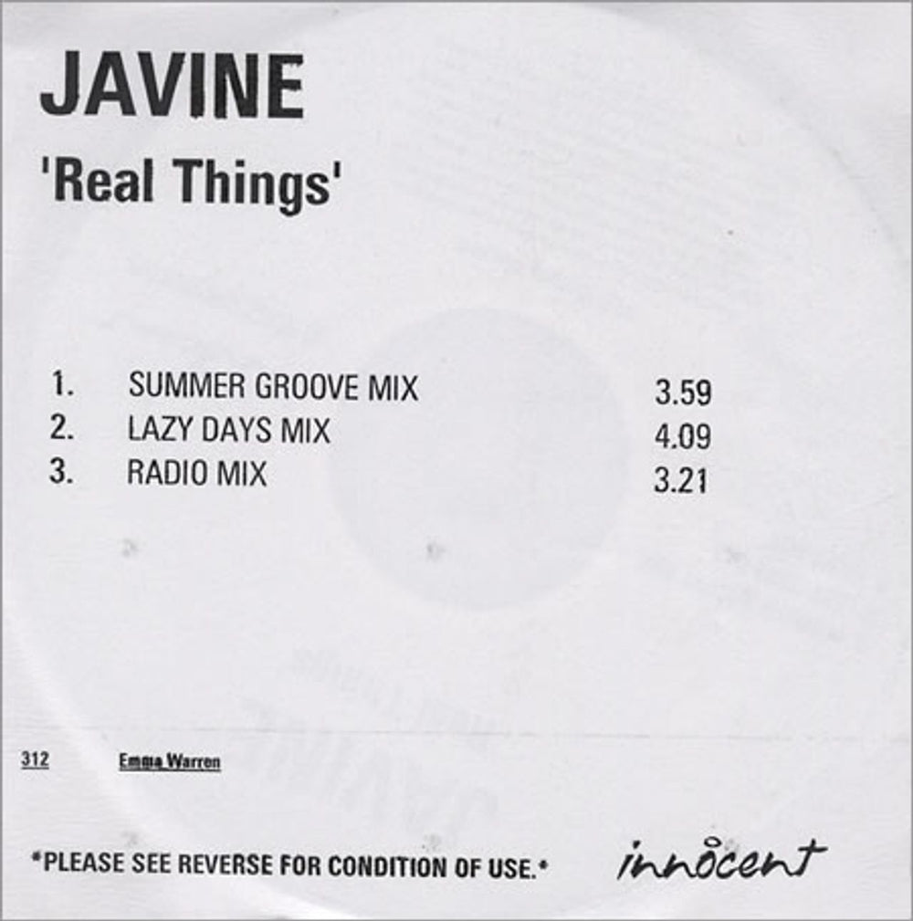 Javine Real Things UK Promo CD-R acetate CD-R ACETATE