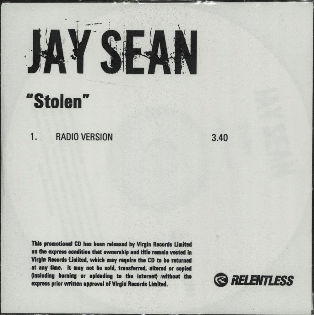 Jay Sean Stolen UK Promo CD-R acetate CD-R