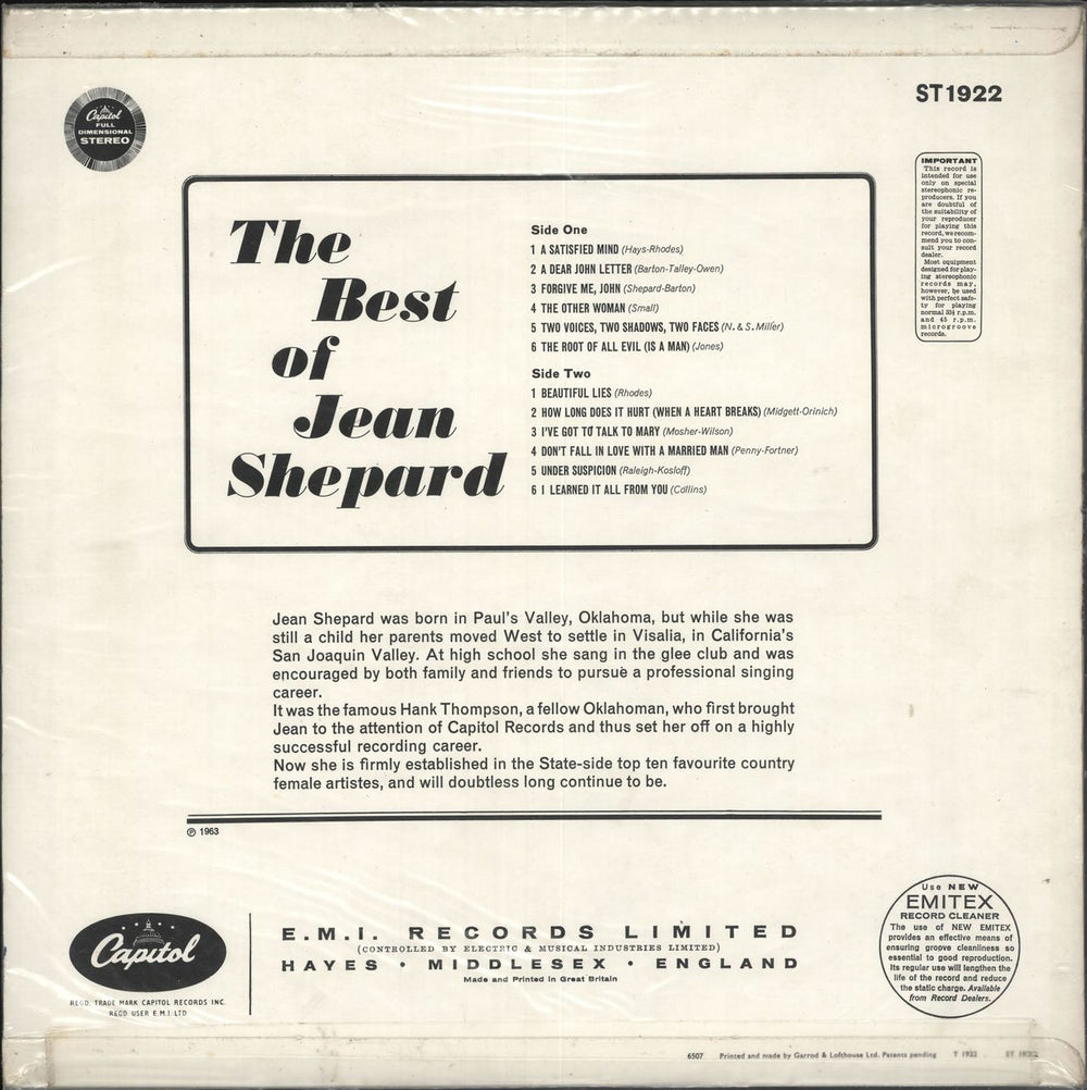 Jean Shepard The Best Of Jean Shepard UK vinyl LP album (LP record)