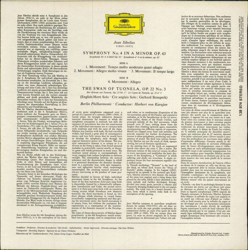 Jean Sibelius Sibelius: Symphonie Nr. 4 · Der Schwan Von Tuonela UK vinyl LP album (LP record)