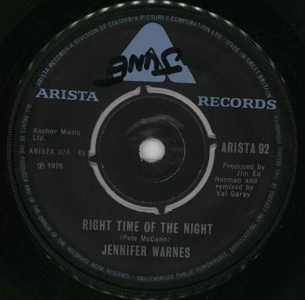 Jennifer Warnes Right Time Of The Night - wol UK 7" vinyl single (7 inch record / 45) ARISTA92