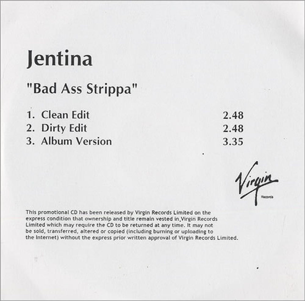 Jentina Bad Ass Strippa UK Promo CD-R acetate CDR ACETATE