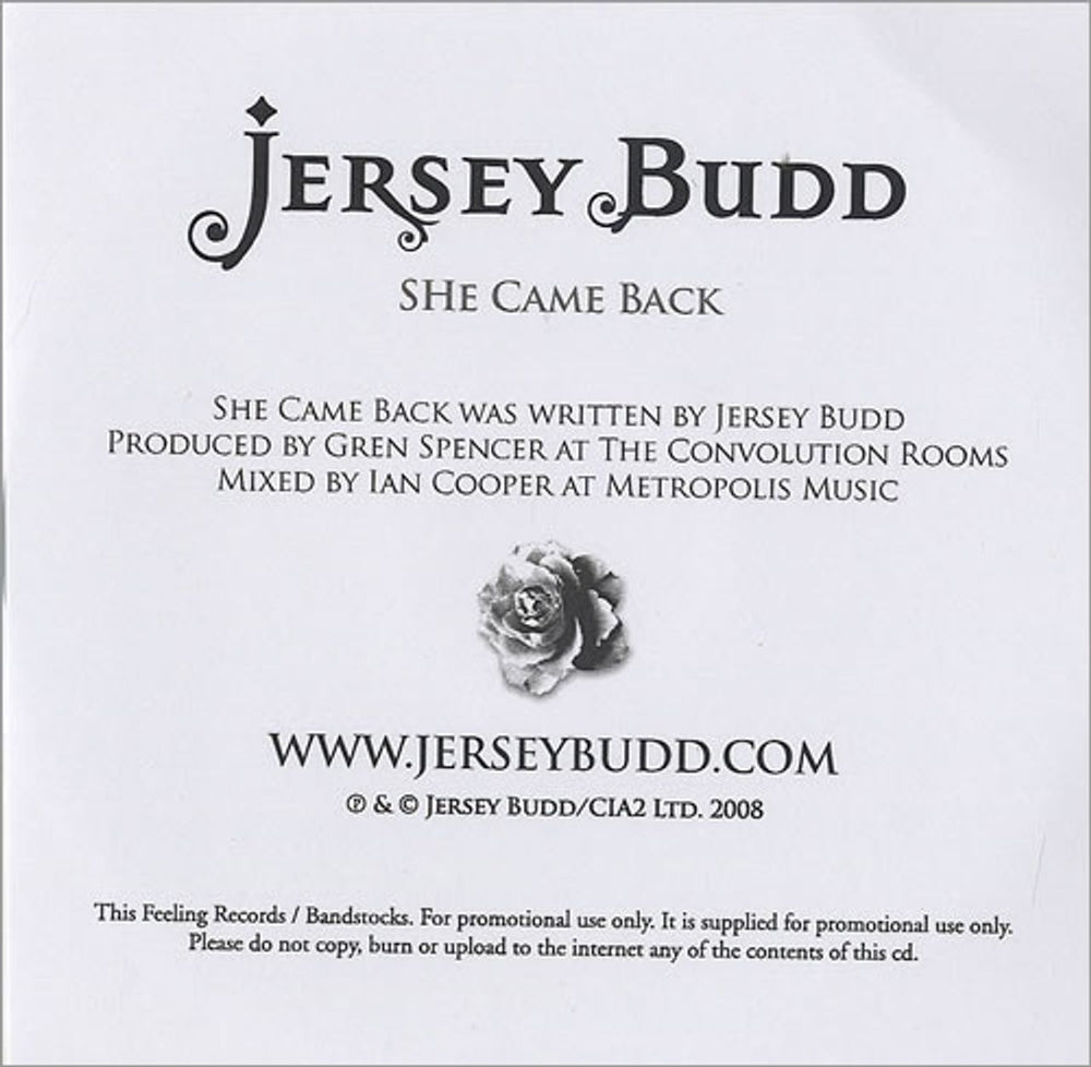 Jersey Budd She Came Back UK Promo CD-R acetate CD-R ACETATE