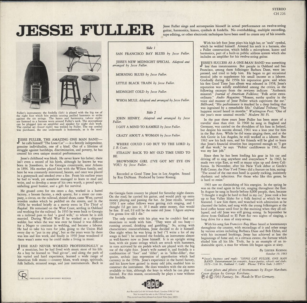 Jesse Fuller San Francisco Bay Blues UK vinyl LP album (LP record)