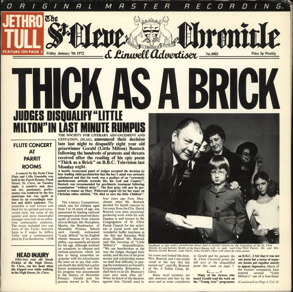 Jethro Tull Thick As A Brick - Half-Speed Mastered - EX US vinyl LP album (LP record) MFSL1-187