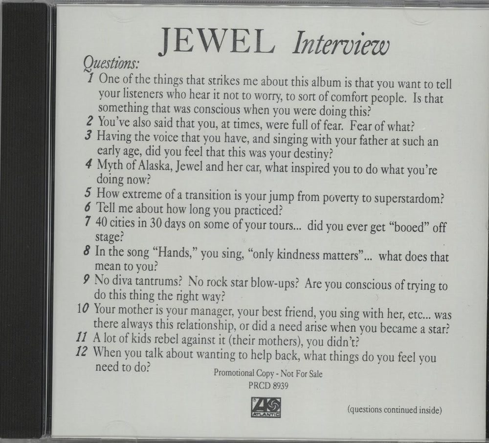 Jewel Interview Answers US Promo CD album (CDLP) PRCD8939