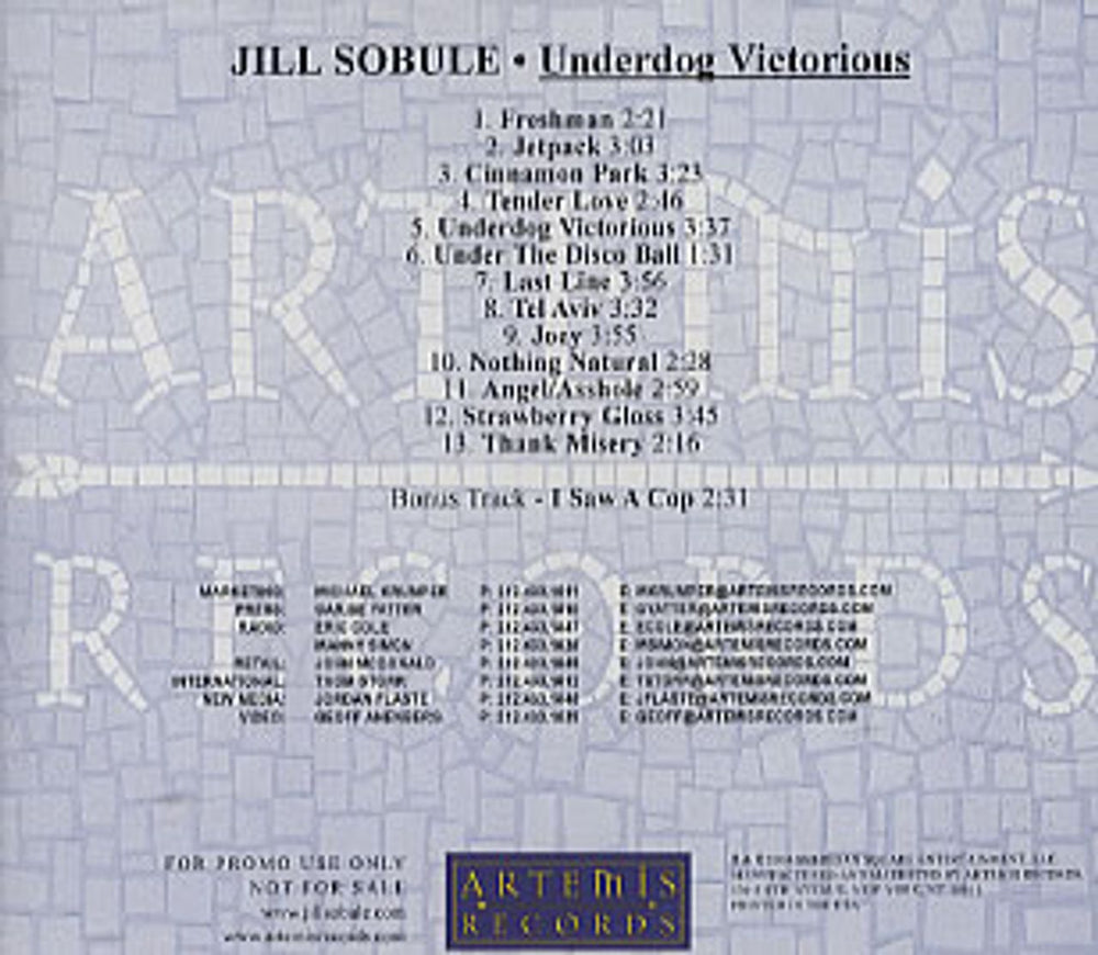 Jill Sobule Underdog Victorious US Promo CD album (CDLP) ARTCD-239