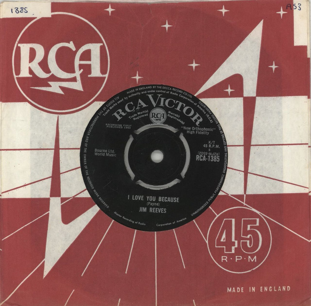 Jim Reeves I Love You Because UK 7" vinyl single (7 inch record / 45) RCA1385