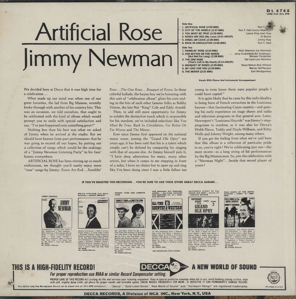 Jimmy C. Newman Artificial Rose US vinyl LP album (LP record)