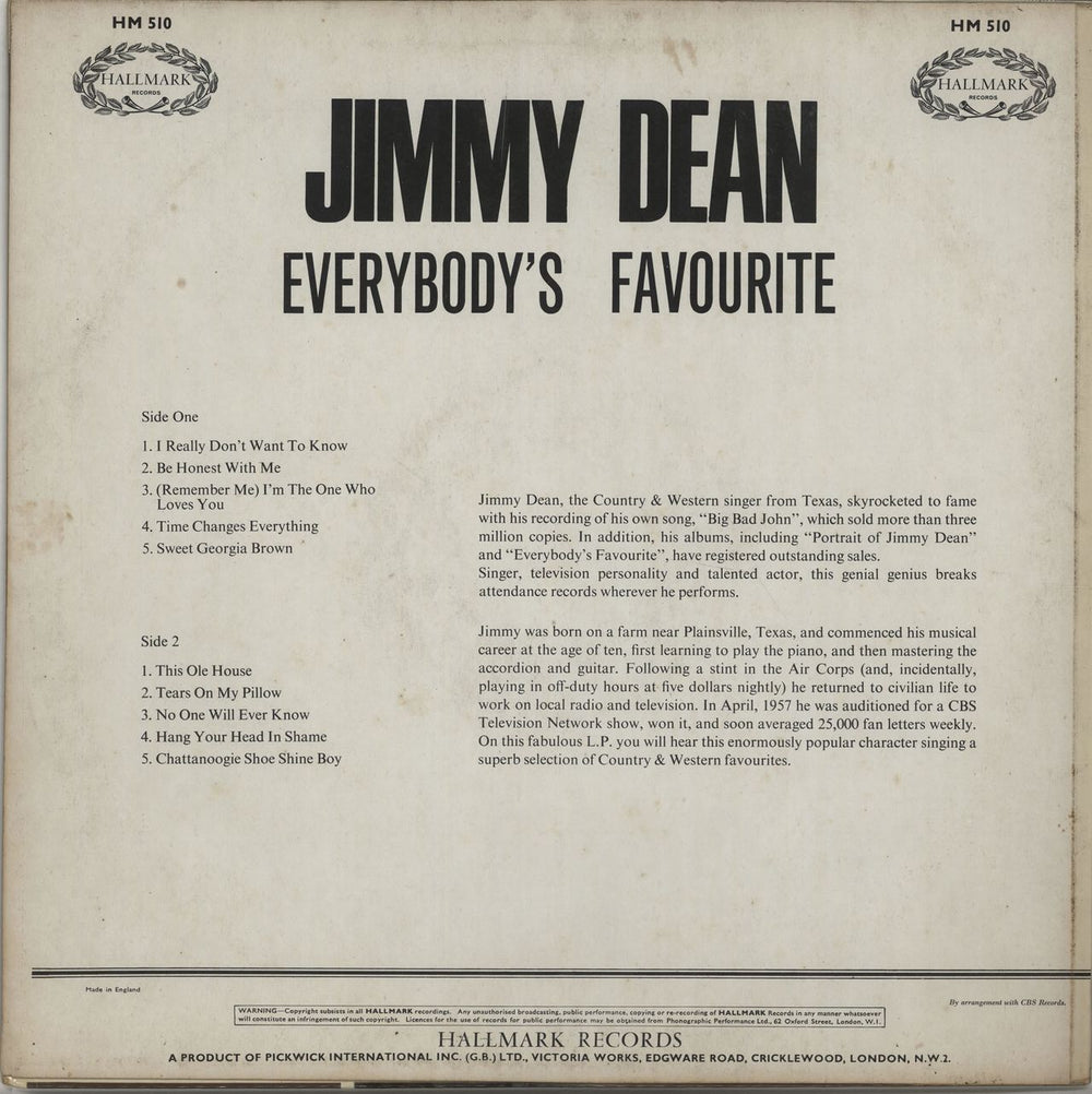 Jimmy Dean Everybody's Favourite UK vinyl LP album (LP record) JD-LPEV329489