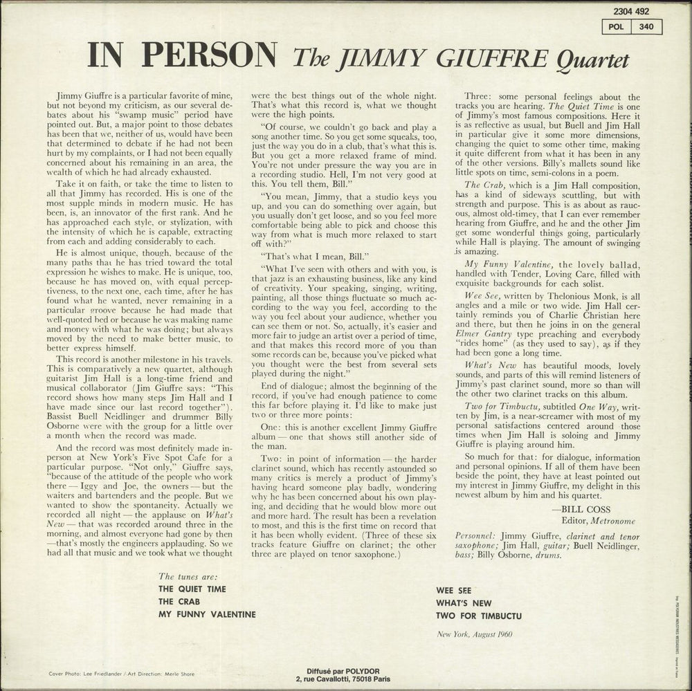 Jimmy Giuffre In Person French vinyl LP album (LP record)