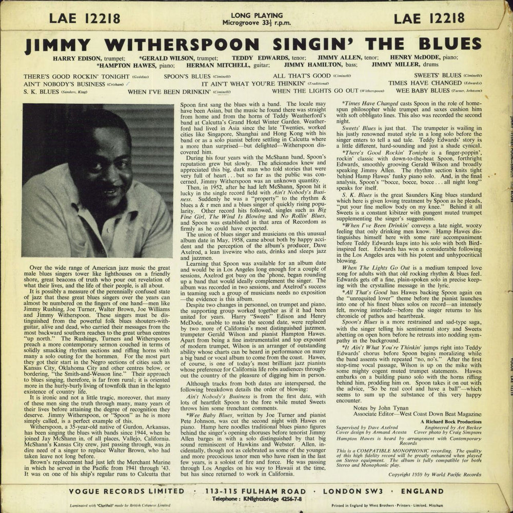 Jimmy Witherspoon Singin' The Blues South African vinyl LP album (LP record)