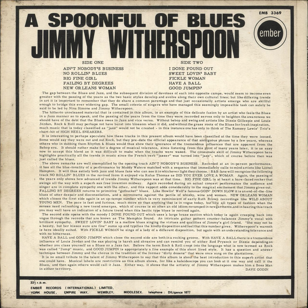 Jimmy Witherspoon Spoonful Of Blues UK vinyl LP album (LP record)