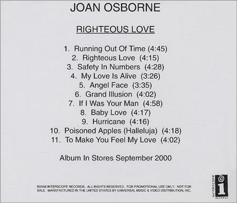 Joan Osborne Righteous Love US Promo CD album (CDLP) INTF101322