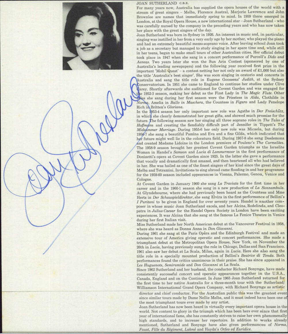 Joan Sutherland Autographed Mounted Biography Article UK memorabilia AUTOGRAPH