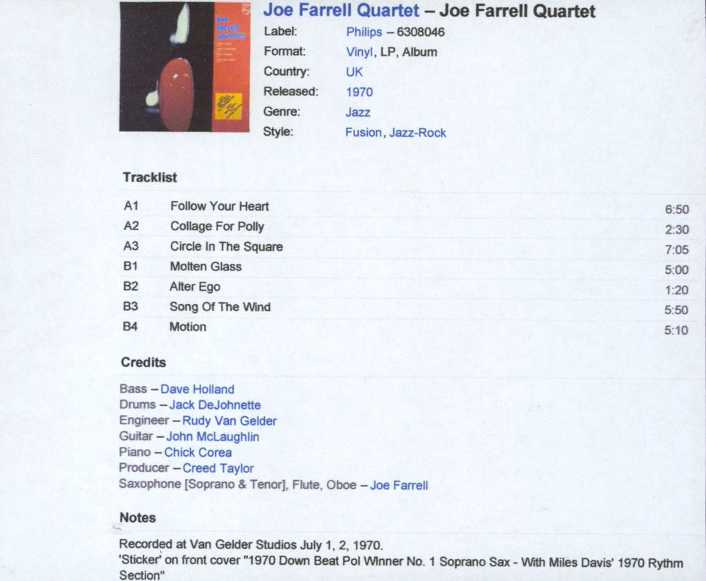 Joe Farrell Joe Farrell Quartet - Test Pressing UK vinyl LP album (LP record)