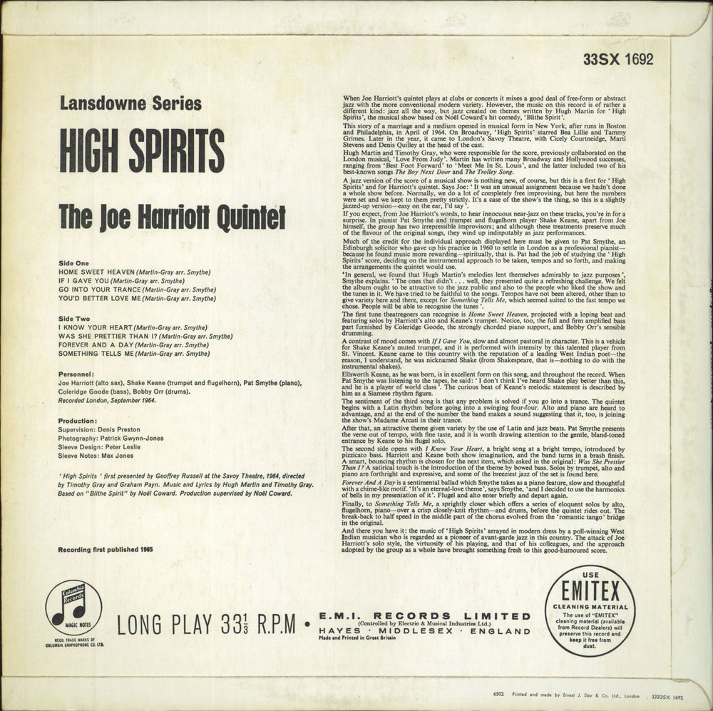 Joe Harriott High Spirits UK vinyl LP album (LP record)