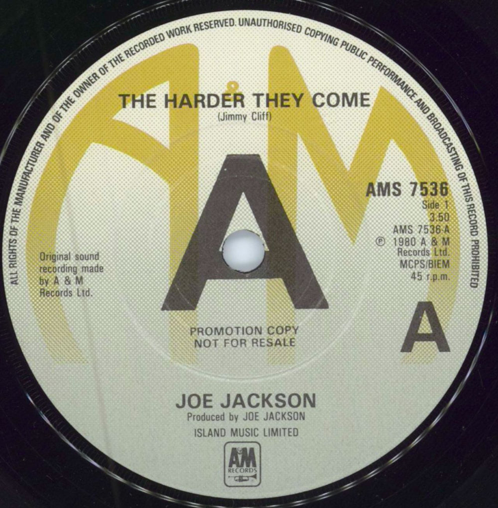 Joe Jackson The Harder They Come - 'A' label + P/S UK Promo 7" vinyl single (7 inch record / 45) JOJ07TH786713