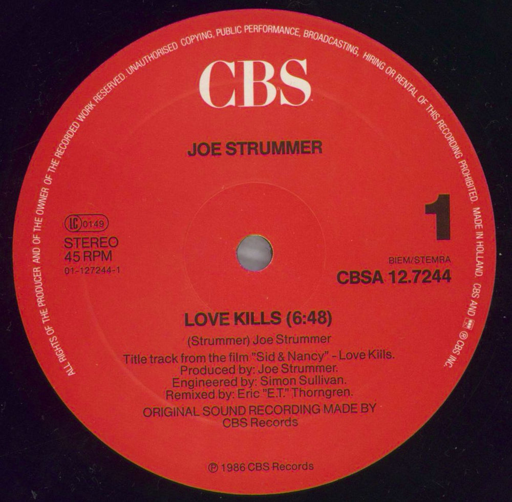 Joe Strummer Love Kills Dutch 12" vinyl single (12 inch record / Maxi-single) JUM12LO824688