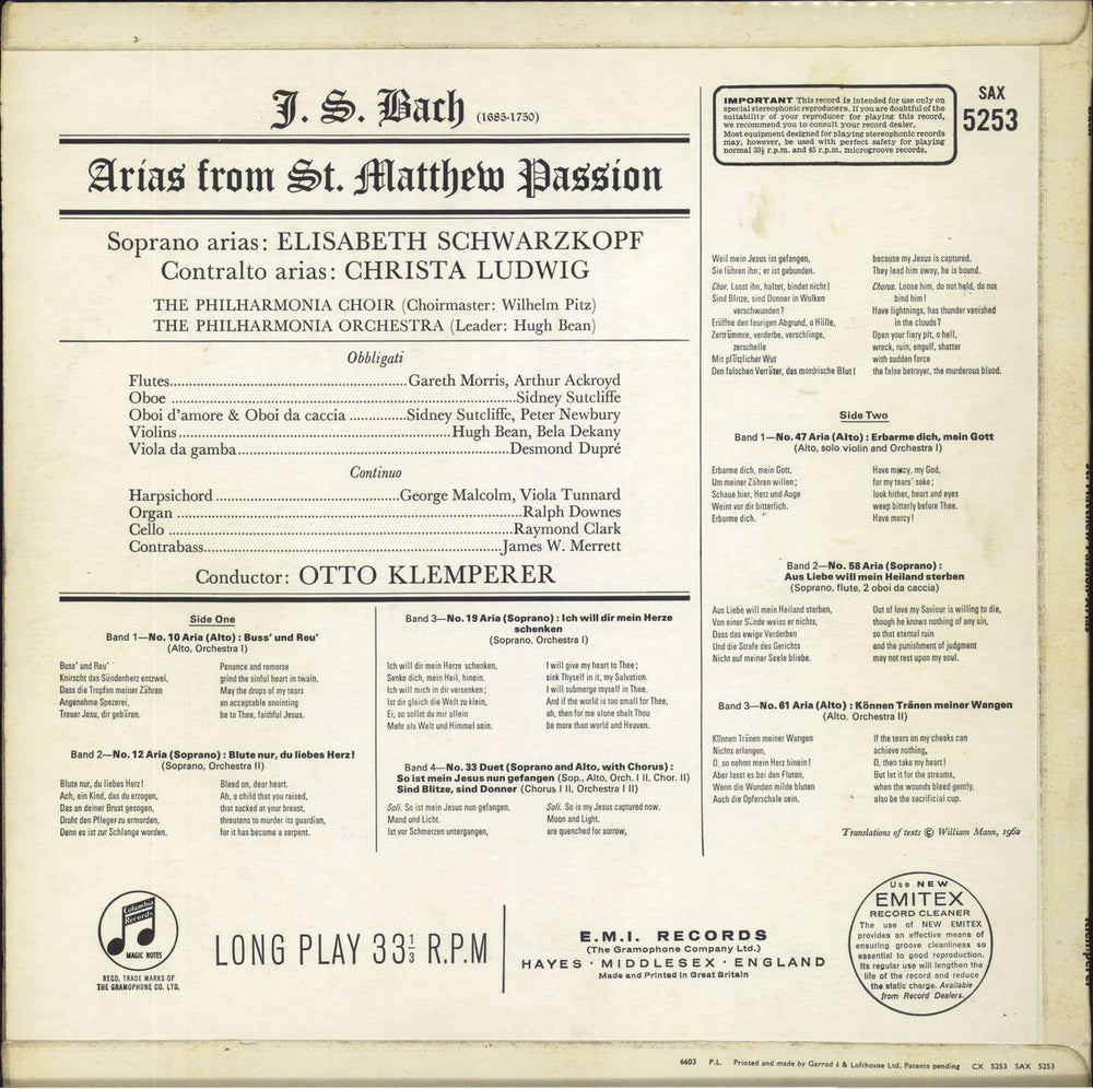 Johann Sebastian Bach Bach: Arias from Bach: St Mathew Passion UK vinyl LP album (LP record)